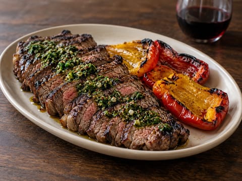 Churrasco com chimichurri e pimentos assados