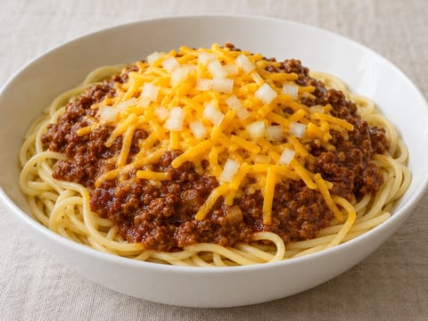 Cincinnati chili over spaghetti Cincinnati chili over spaghetti