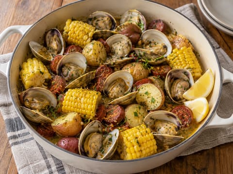Cozido de amêijoas com milho, batatas e chouriço Cozido de amêijoas com milho, batatas e chouriço