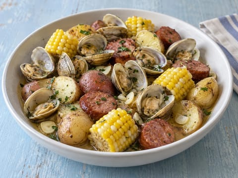 Clam Bake con maíz, patatas y salchicha