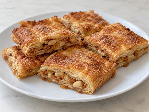 Coca de Llardons (katalanisches Blätterteiggebäck mit Schweinekrusten) Coca de Llardons (katalanisches Blätterteiggebäck mit Schweinekrusten)
