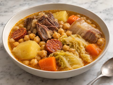 Cocido Madrileño (ensopado madrileno de grão-de-bico com vaca, porco e chouriço) Cocido Madrileño (ensopado madrileno de grão-de-bico com vaca, porco e chouriço)