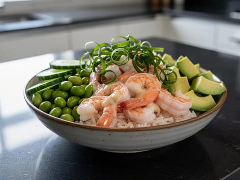 Poke bowl cu creveți în cocos