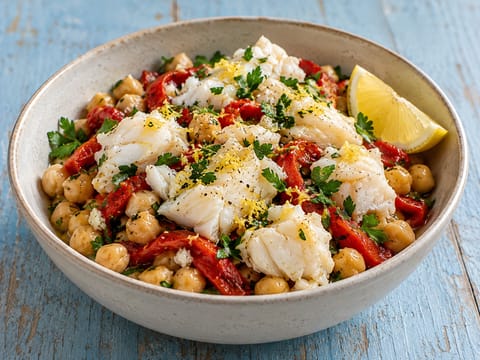 Taça de bacalhau e grão-de-bico com limão e salsa Taça de bacalhau e grão-de-bico com limão e salsa