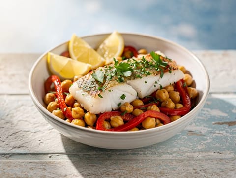 Taça de bacalhau e grão-de-bico com limão e salsa Taça de bacalhau e grão-de-bico com limão e salsa