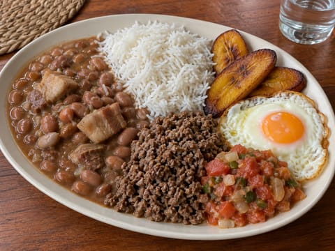Bandeja Paisa (kolumbialainen papu-, riisi- ja porsaslautanen)