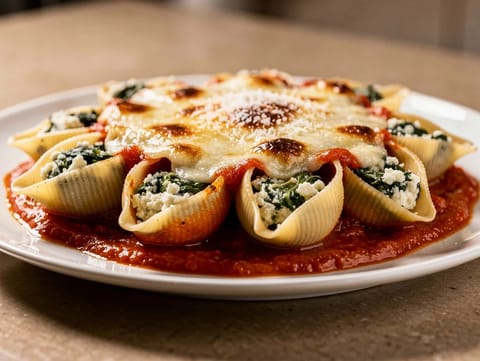Conchiglie Ripiene (plněné těstovinové mušle s ricottou a špenátem)