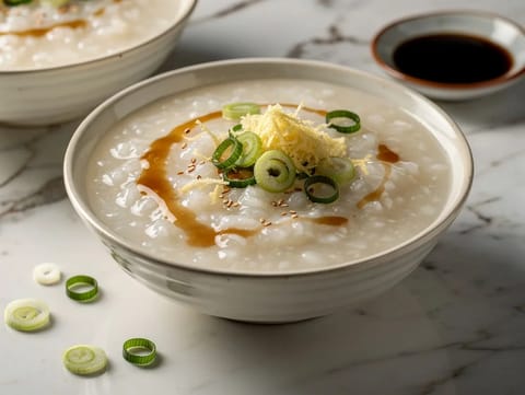 Congee (rýžová kaše se zázvorem a jarní cibulkou) Congee (rýžová kaše se zázvorem a jarní cibulkou)