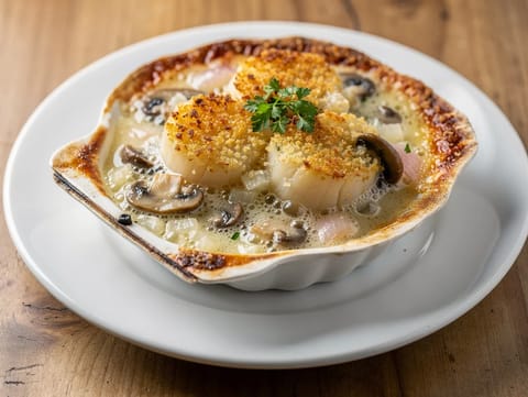 Coquilles Saint-Jacques (gratin z przegrzebków w kremowym sosie winnym) Coquilles Saint-Jacques (gratin z przegrzebków w kremowym sosie winnym)
