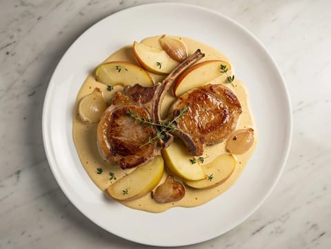 Côte de Porc Normande (vepřová kotleta s jablky a smetanou) Côte de Porc Normande (vepřová kotleta s jablky a smetanou)