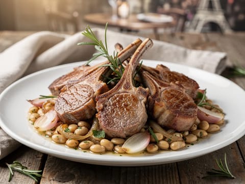 Côtelettes d’Agneau met flageoletbonen (lamskoteletten en bonen)