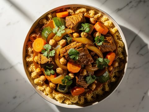 Couscous marocan cu miel, năut și legume Couscous marocan cu miel, năut și legume