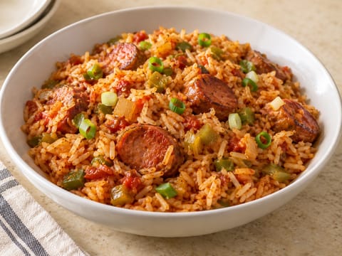 Jambalaya crioula com salsicha andouille Jambalaya crioula com salsicha andouille