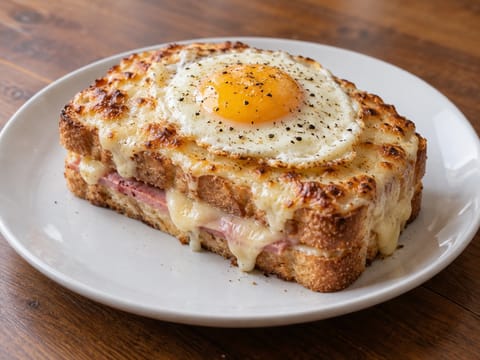 Croque Madame (skinke- og Gruyère-toast med béchamel og spejlæg) Croque Madame (skinke- og Gruyère-toast med béchamel og spejlæg)