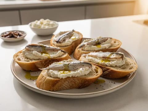 Crostini con Ricotta e Acciughe (ricotta- ja anjoviscrostinit) Crostini con Ricotta e Acciughe (ricotta- ja anjoviscrostinit)