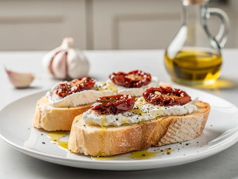 Crostinit ricottalla ja aurinkokuivatuilla tomaateilla Crostinit ricottalla ja aurinkokuivatuilla tomaateilla