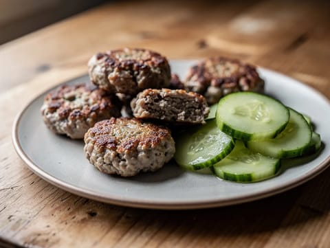 Danske frikadeller (svinekødsfrikadeller) med syltet agurk