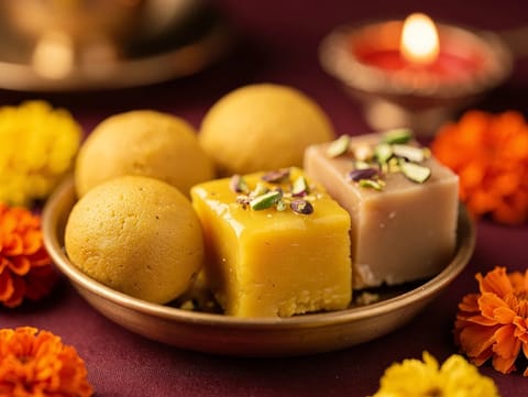 Bandeja de dulces mixtos de Diwali (besan ladoo, barfi de coco y fudge de anacardos) Bandeja de dulces mixtos de Diwali (besan ladoo, barfi de coco y fudge de anacardos)
