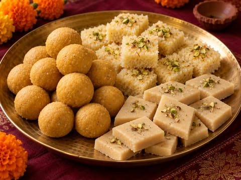 Diwali Mixed Sweets Platter (besan ladoo, kokosové barfi a kešu fudge) Diwali Mixed Sweets Platter (besan ladoo, kokosové barfi a kešu fudge)