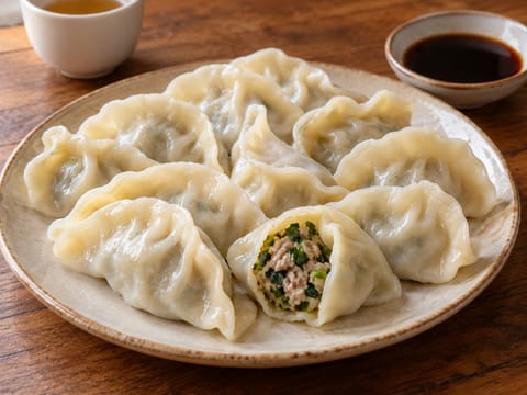 Platou de colțunași cu porc și arpagic (Jiaozi) Platou de colțunași cu porc și arpagic (Jiaozi)