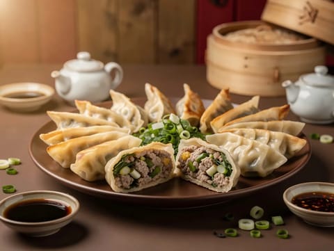 Travessa de dumplings de porco e cebolinho (jiaozi) Travessa de dumplings de porco e cebolinho (jiaozi)