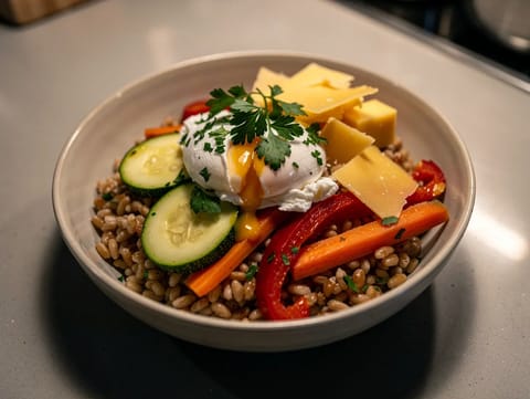 Dutch Pearl Barley Bowl with Seasonal Vegetables, Egg and Gouda