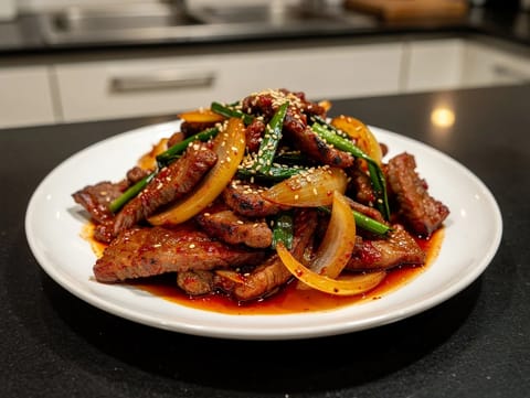 Dwaeji Bulgogi (koreansk stærk svinekødswok med løg)