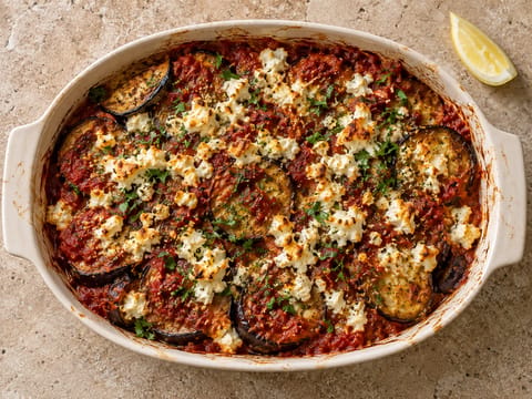 Ovnbagt aubergine og feta med tomatsauce Ovnbagt aubergine og feta med tomatsauce