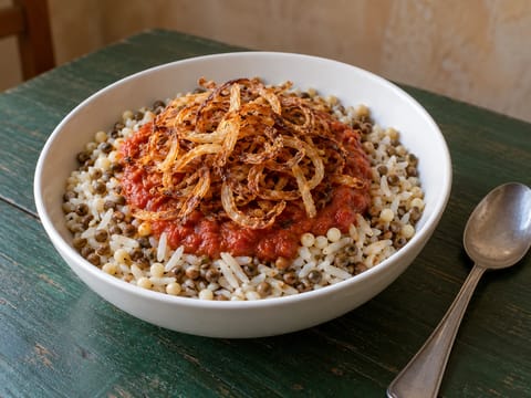 Egyptian Koshari s křupavou cibulí Egyptian Koshari s křupavou cibulí