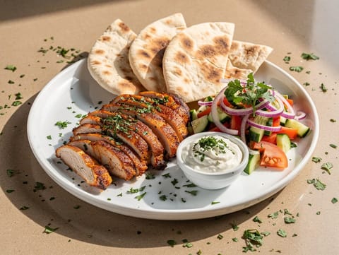 Shawarmafat med kryddad kyckling, flatbröd och vitlöksyoghurt