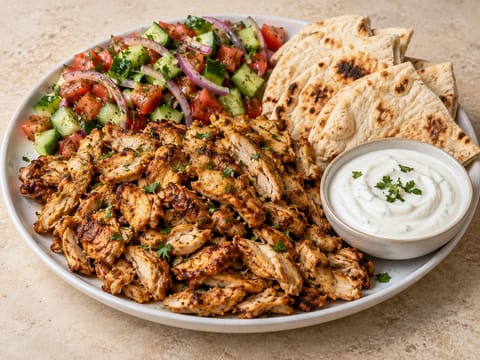 Shawarma-Platte mit gewürztem Hähnchen, Fladenbroten und Knoblauchjoghurt Shawarma-Platte mit gewürztem Hähnchen, Fladenbroten und Knoblauchjoghurt