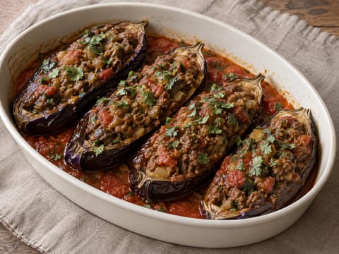 Beringelas Recheadas com Borrego Temperado e Molho de Tomate