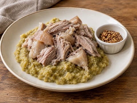 Eisbein (gestoofde varkensschenkel met spliterwtenpuree)