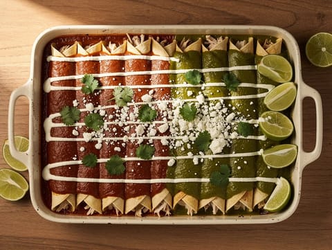 Enchiladas Navideñas (enchiladas di pollo con salse rossa e verde)