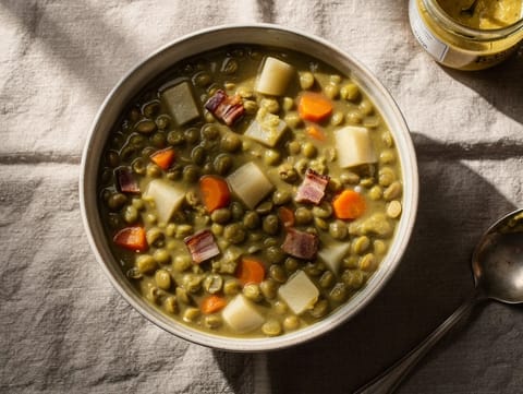 Erbsensuppe (hrachová polévka z půleného hrachu s uzenou slaninou) Erbsensuppe (hrachová polévka z půleného hrachu s uzenou slaninou)