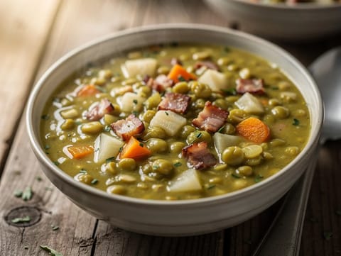 Erbsensuppe mit Speck (felezett borsóleves füstölt baconnel)