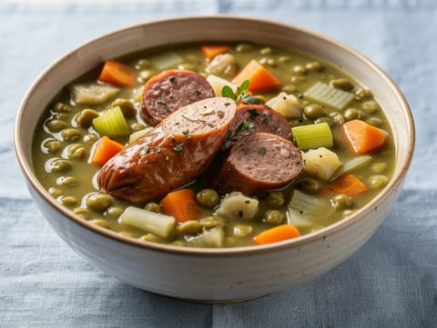 Erbsensuppe mit Würstchen (sopa alemana de guisantes partidos con salchicha ahumada)