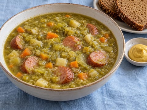Erbsensuppe mit Würstchen (γερμανική σούπα αρακά με καπνιστό λουκάνικο) Erbsensuppe mit Würstchen (γερμανική σούπα αρακά με καπνιστό λουκάνικο)