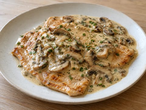 Escalop de vițel cu sos cremos de ciuperci (Escalope de Veau à la Crème)