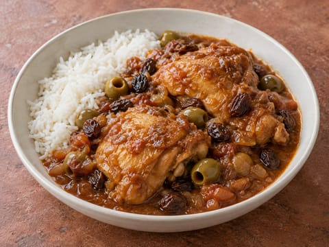 Estofado de Pollo Oaxaqueño (oaxacalainen kanapata oliiveilla ja rusinoilla)