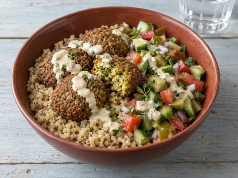 Taça de cereais com falafel, bulgur e molho de tahini e limão