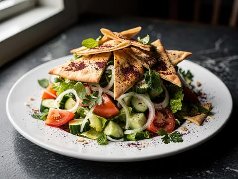 Bol de fattoush con chips de pita y zumaque