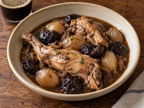 Belgischer Kanincheneintopf mit Pflaumen und dunklem Bier Belgischer Kanincheneintopf mit Pflaumen und dunklem Bier