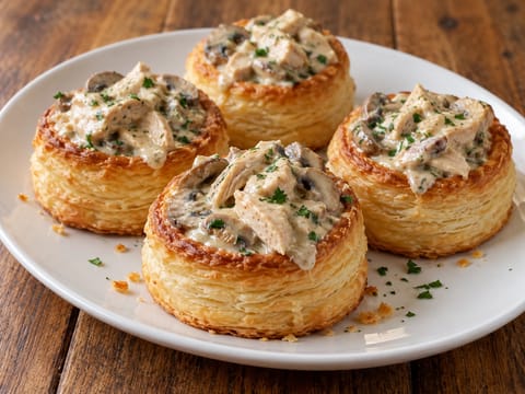 Vol-au-Vent (coșulețe din foietaj cu pui și ciuperci) Vol-au-Vent (coșulețe din foietaj cu pui și ciuperci)