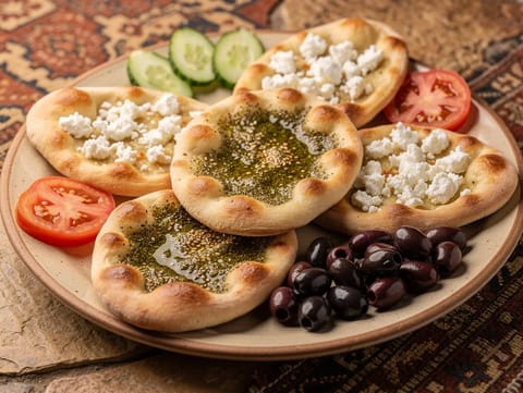 Tábua de manakish (pães achatados com za’atar, feta, pepino e azeitonas)