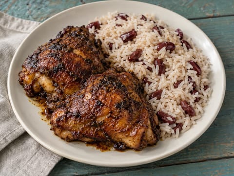 Poulet jerk avec riz et pois (table caribéenne festive)
