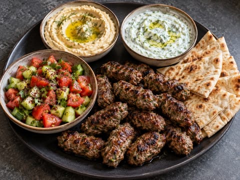 Turecký slavnostní stůl s meze, salátem a jehněčími köfte Turecký slavnostní stůl s meze, salátem a jehněčími köfte