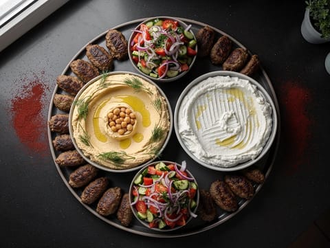 Turecký slavnostní stůl s meze, salátem a jehněčími köfte Turecký slavnostní stůl s meze, salátem a jehněčími köfte