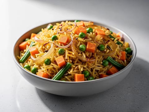 Festliches Gemüse-Pulao (gewürzter Basmati-Reis mit Safran)