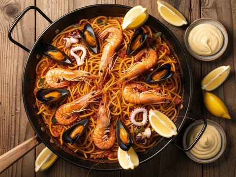 Fideuà de Mariscos (paella met zeevruchtennoedels)